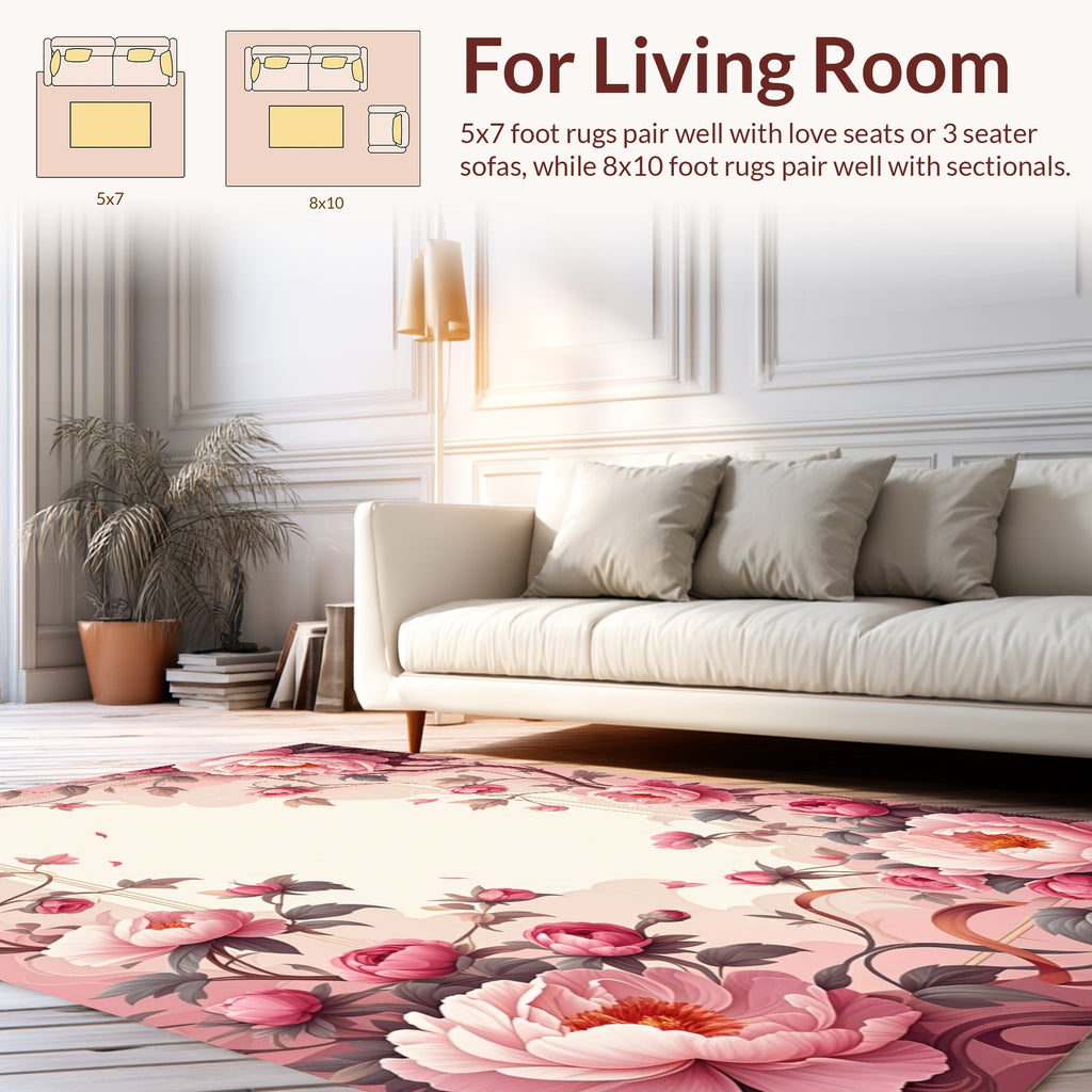 Floral Vines Pink Peonies Design Rug