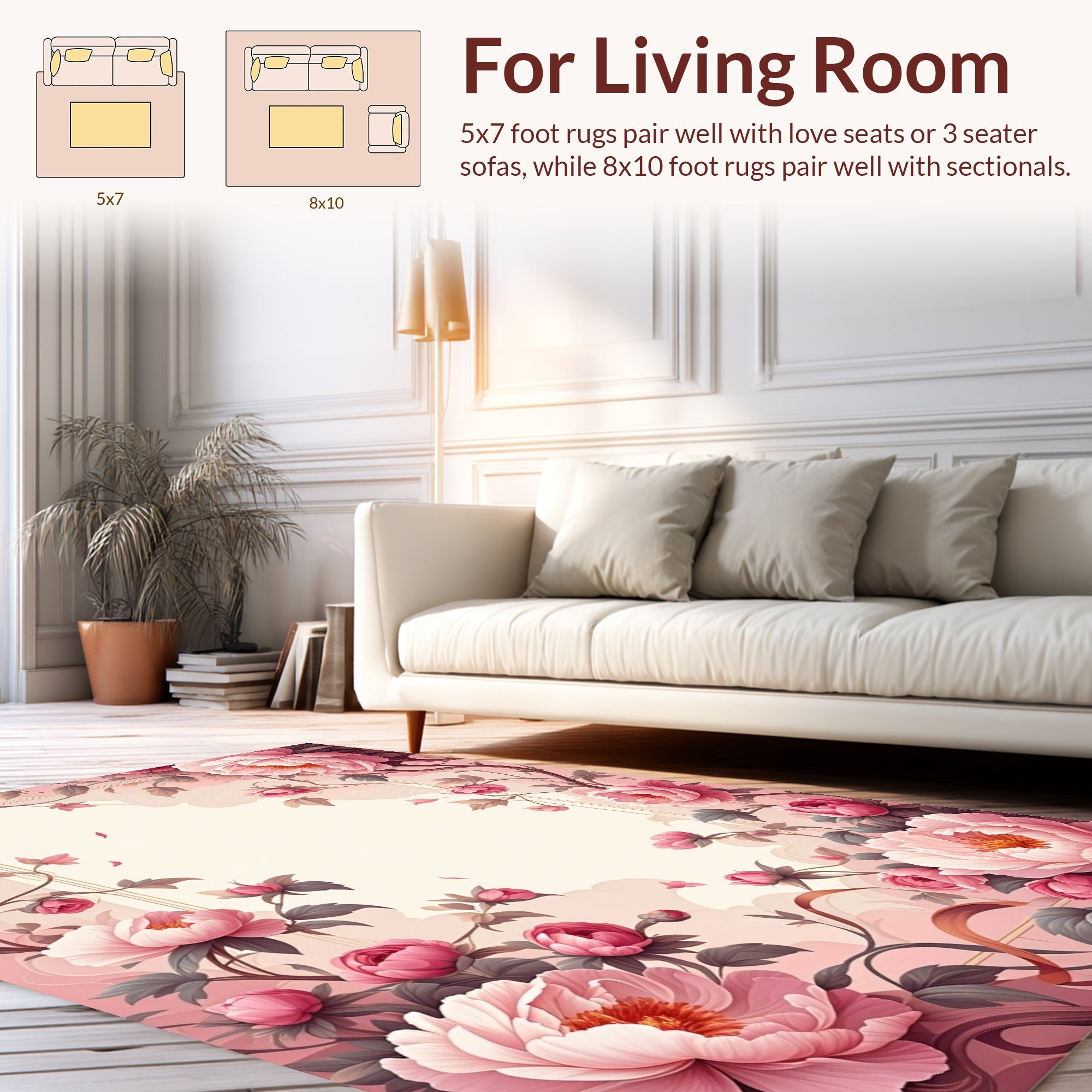 Floral Vines Pink Peonies Design Rug