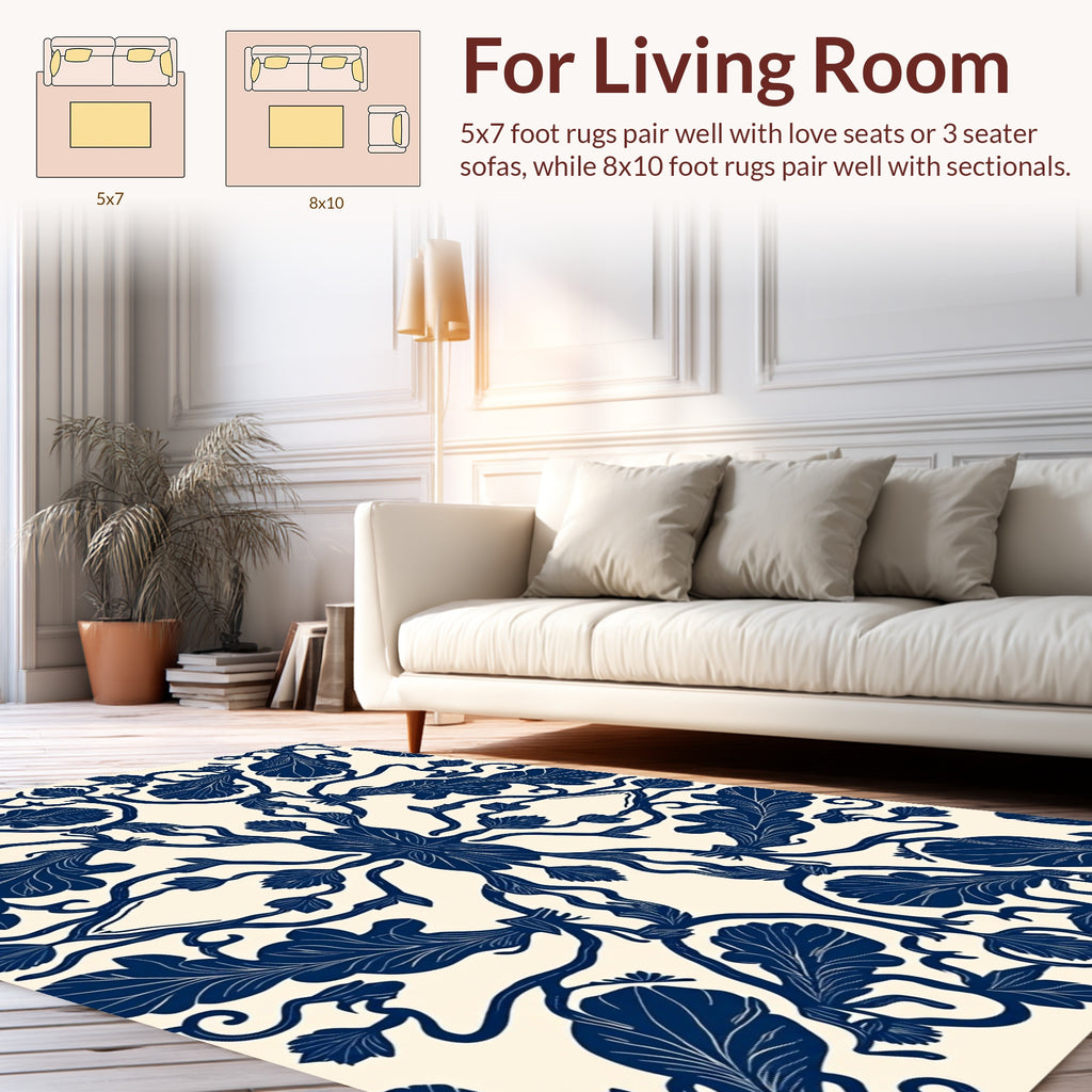 Symmetrical Navy Leaf Vine Pattern Rug