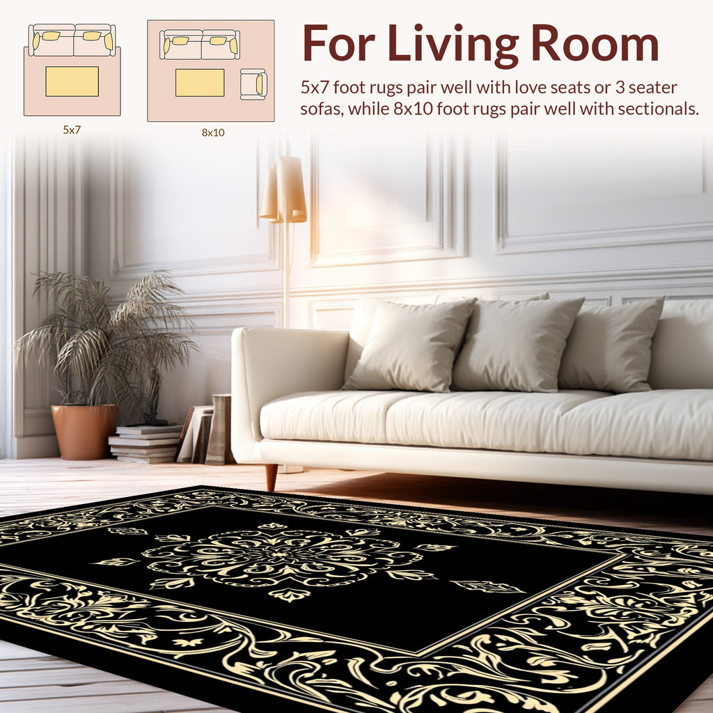 Elegant Black Gold Floral Medallion Rug