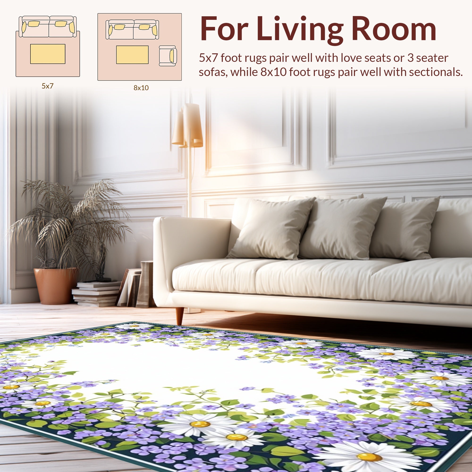 Whimsical Daisy And Forget-Me-Not Floral Pattern Rug