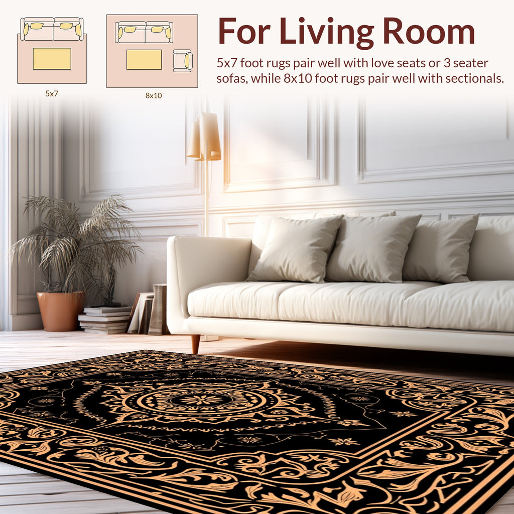 Vintage Floral Medallion Black Gold Rug
