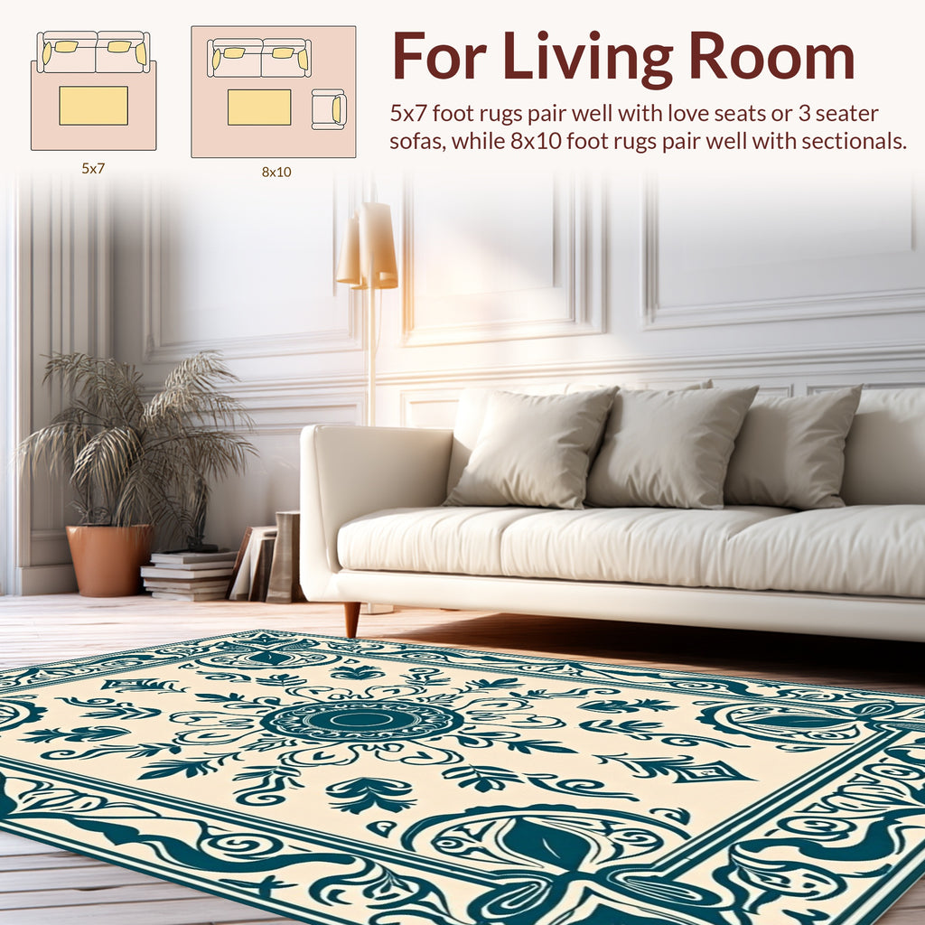Classic Teal Floral Border Design Rug