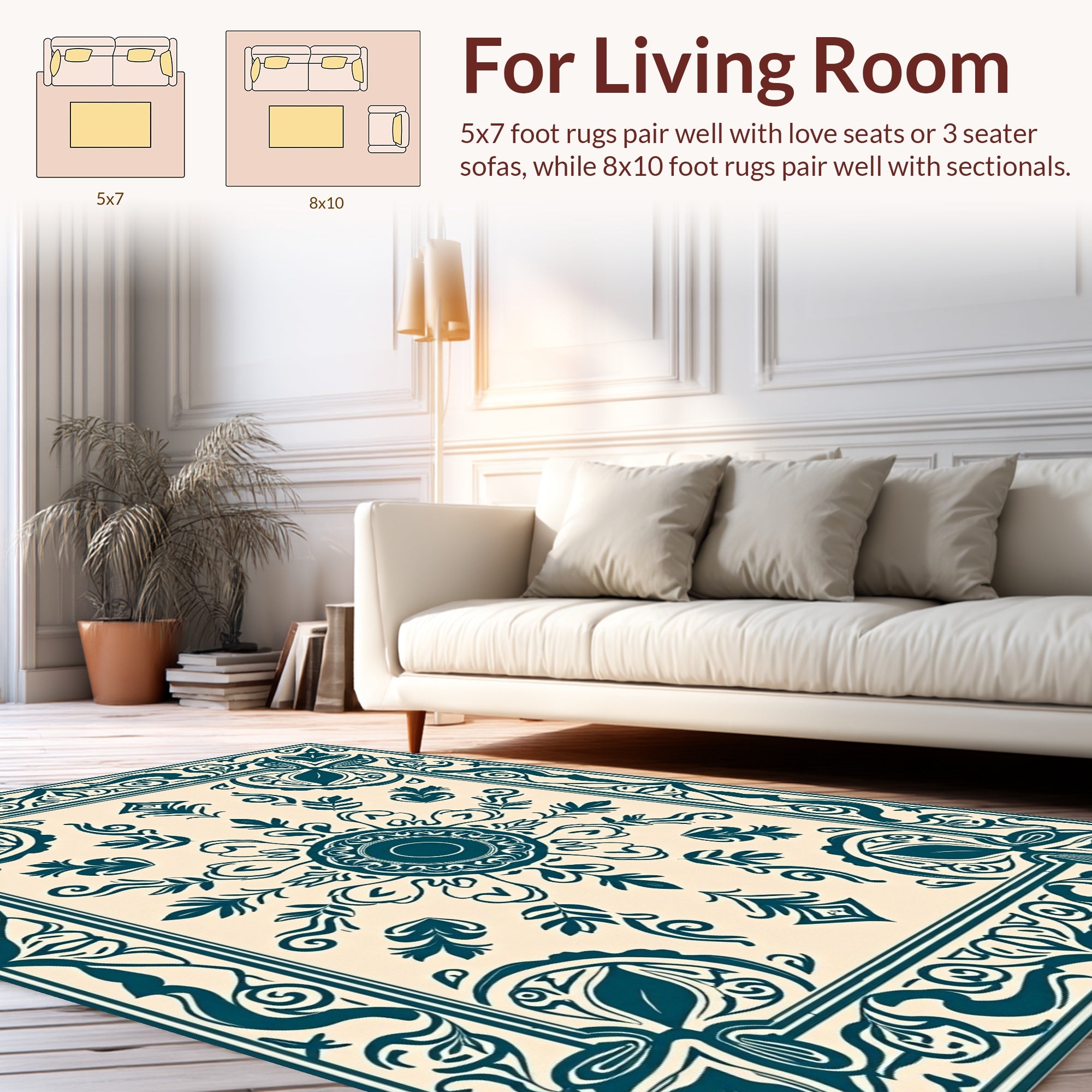 Classic Teal Floral Border Design Rug