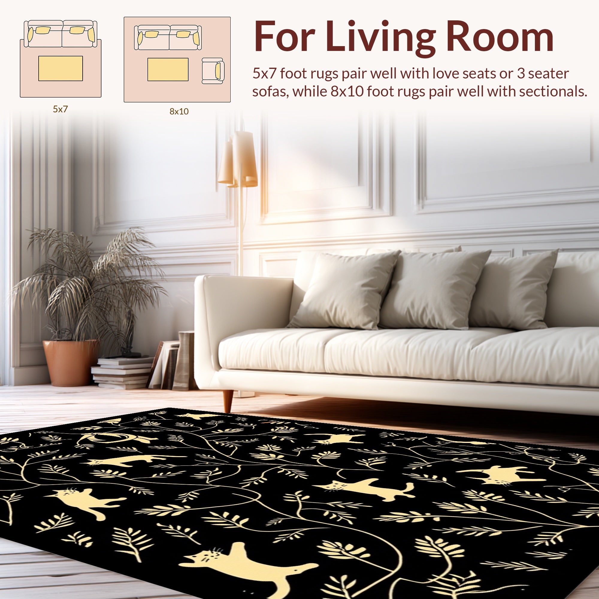 Whimsical Cat And Foliage Pattern Rug