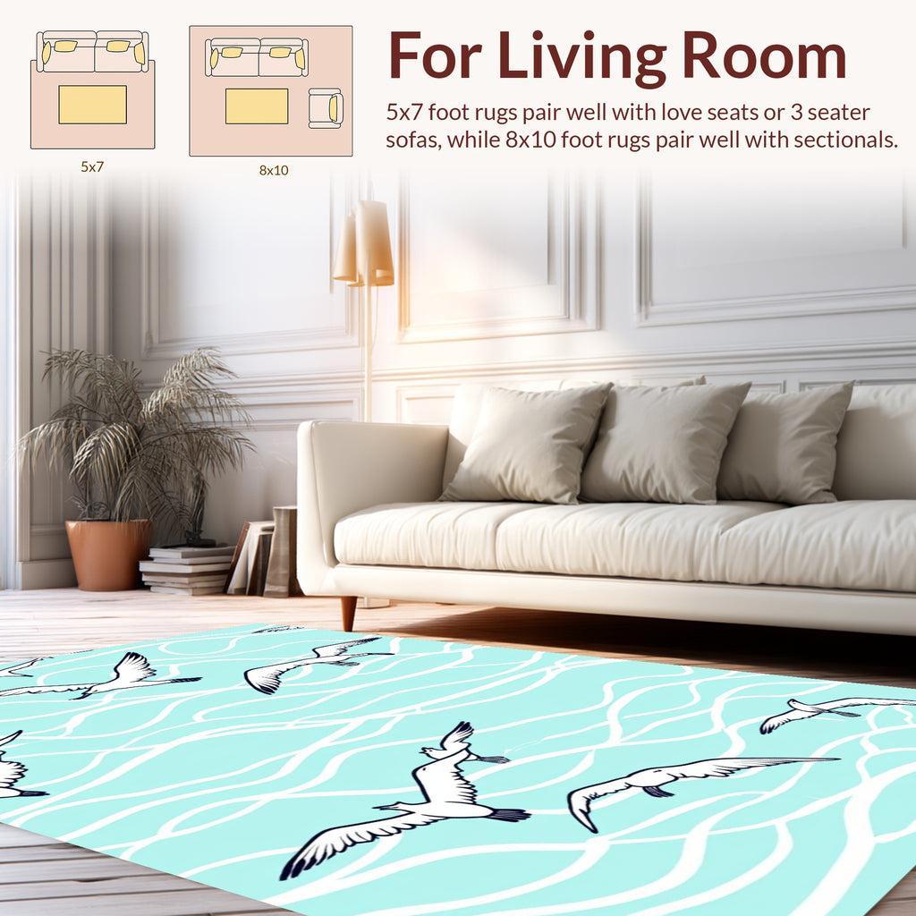 Seagulls Flying Over Wavy Aqua Surface Rug