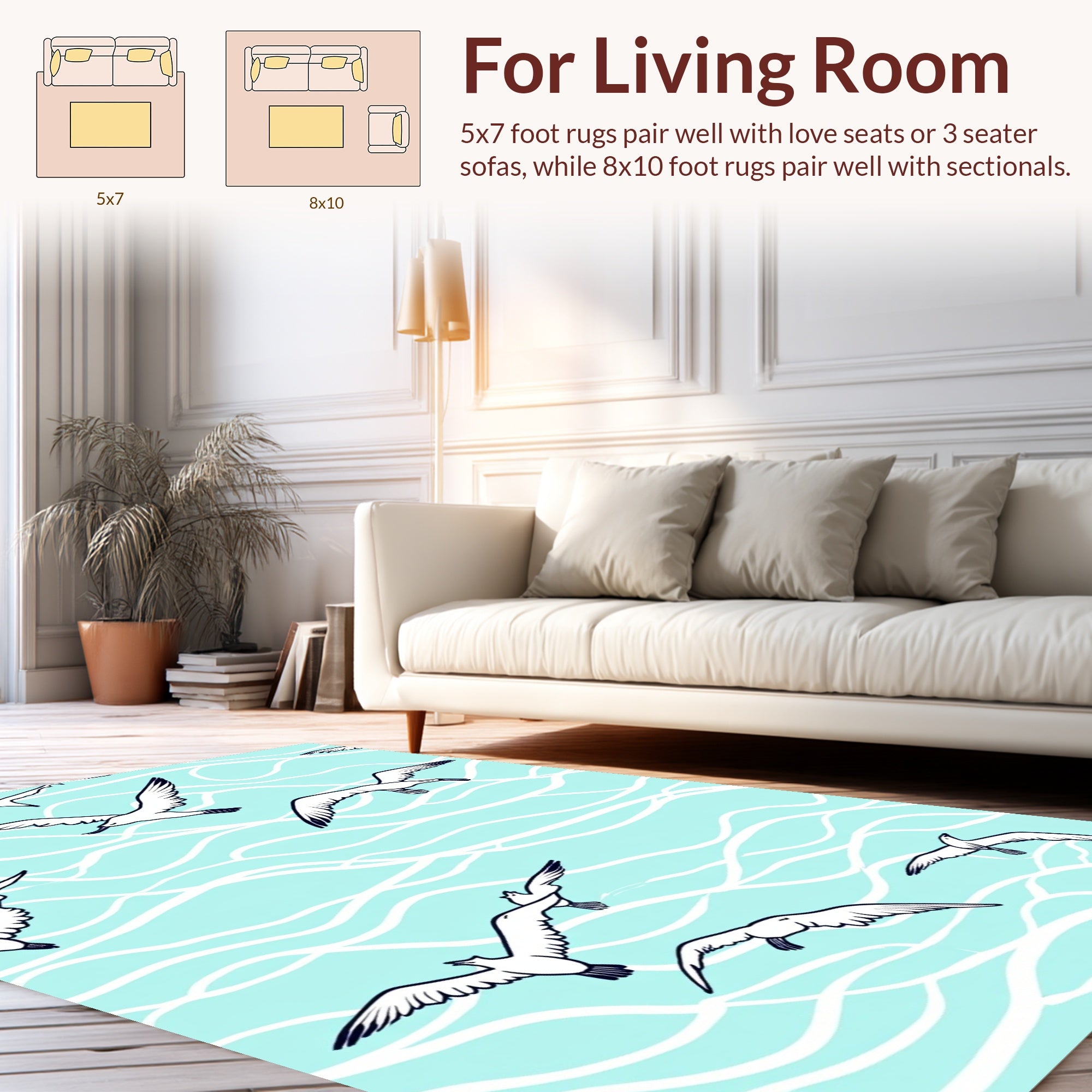 Seagulls Flying Over Wavy Aqua Surface Rug