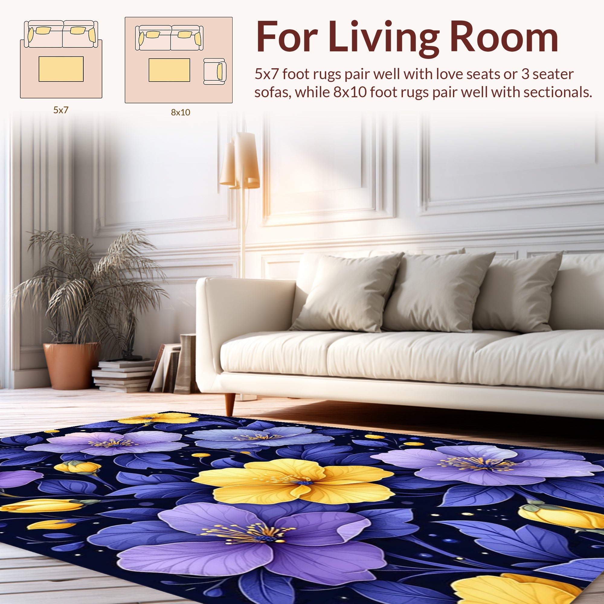 Purple Yellow Floral Pattern Rug