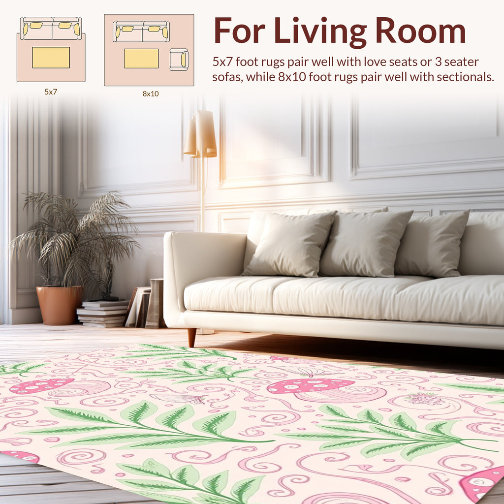 Whimsical Pink Mushroom Leaf Pattern Rug