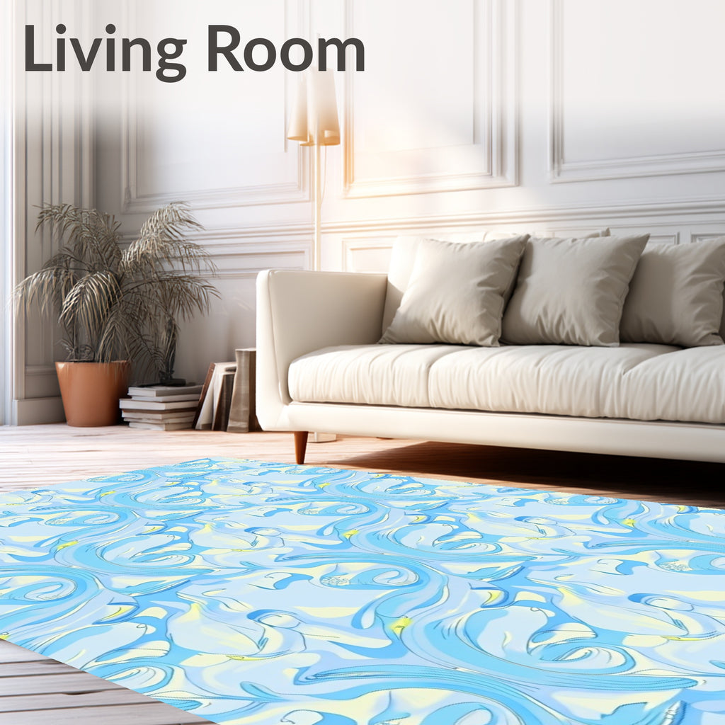 Sky Blue Abstract Swirl Foliage Rug