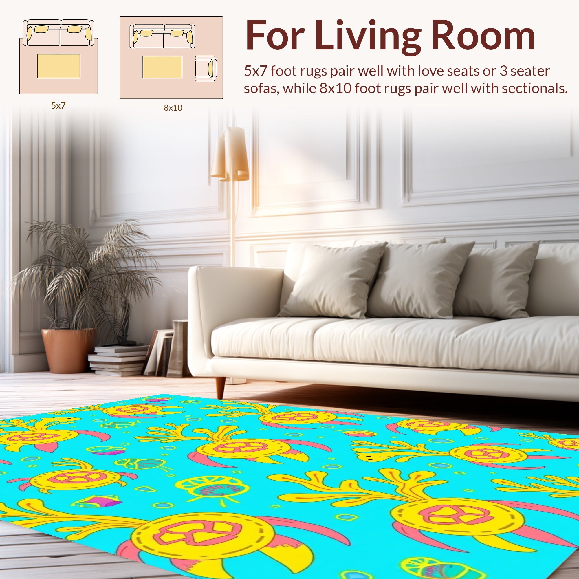 Whimsical Coral Yellow Turtle Pattern Rug