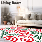 Red Swirls with Green Fir Branches Rug