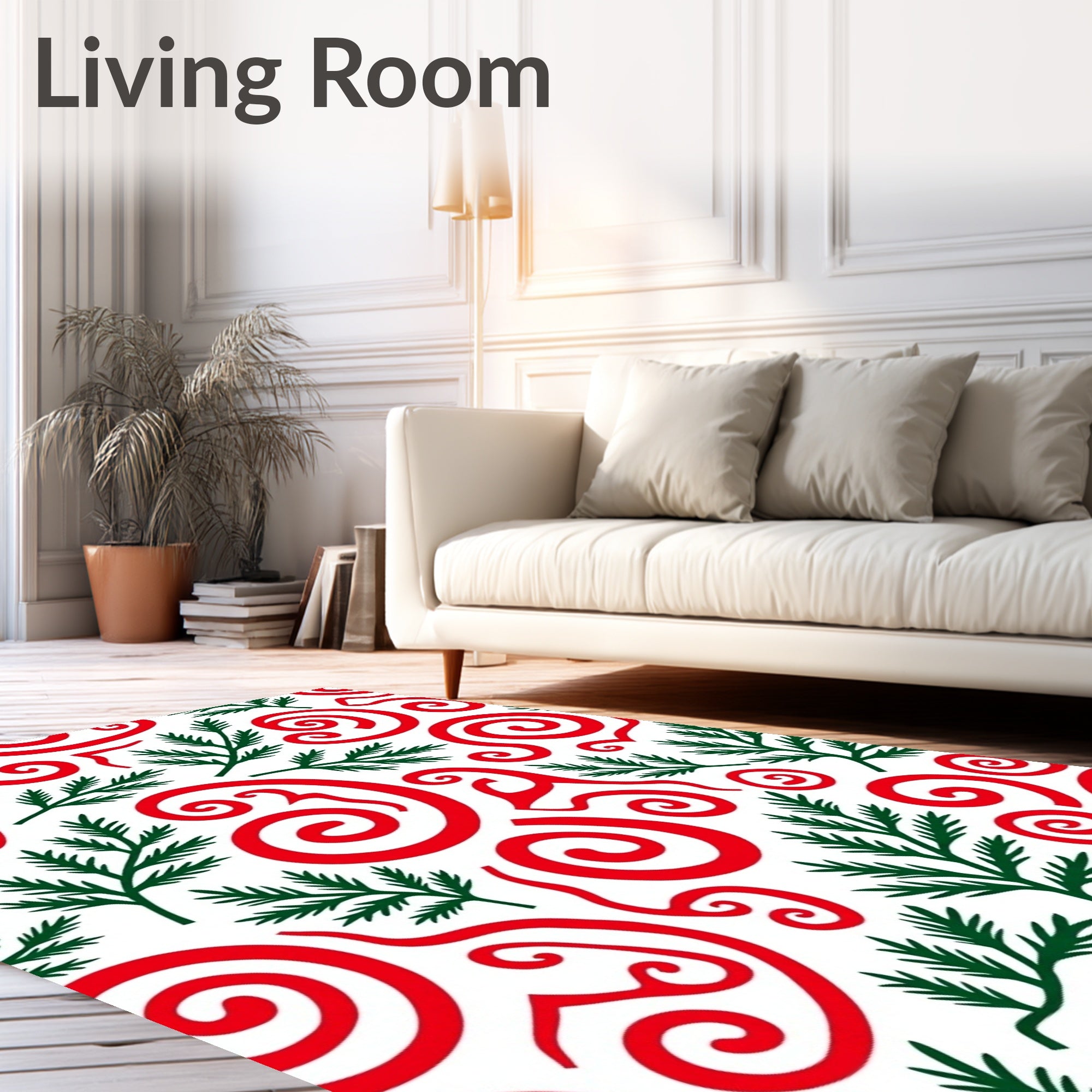 Red Swirls with Green Fir Branches Rug