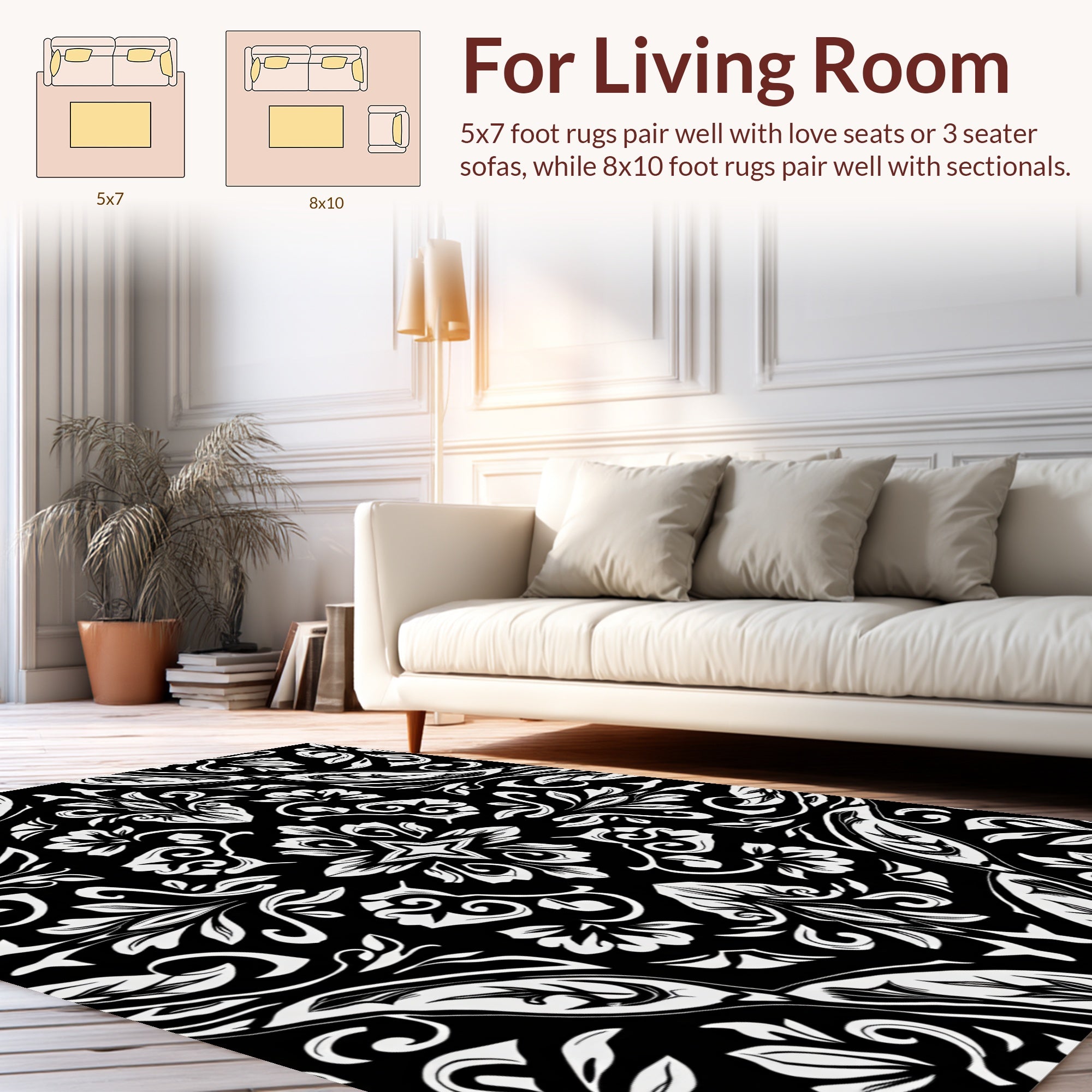 Black White Floral Damask Pattern Rug