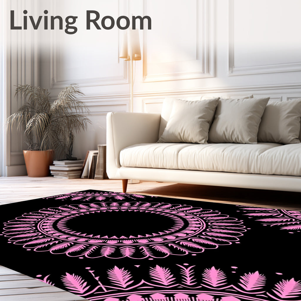 Pink Medallion Foliage Black Contemporary Rug