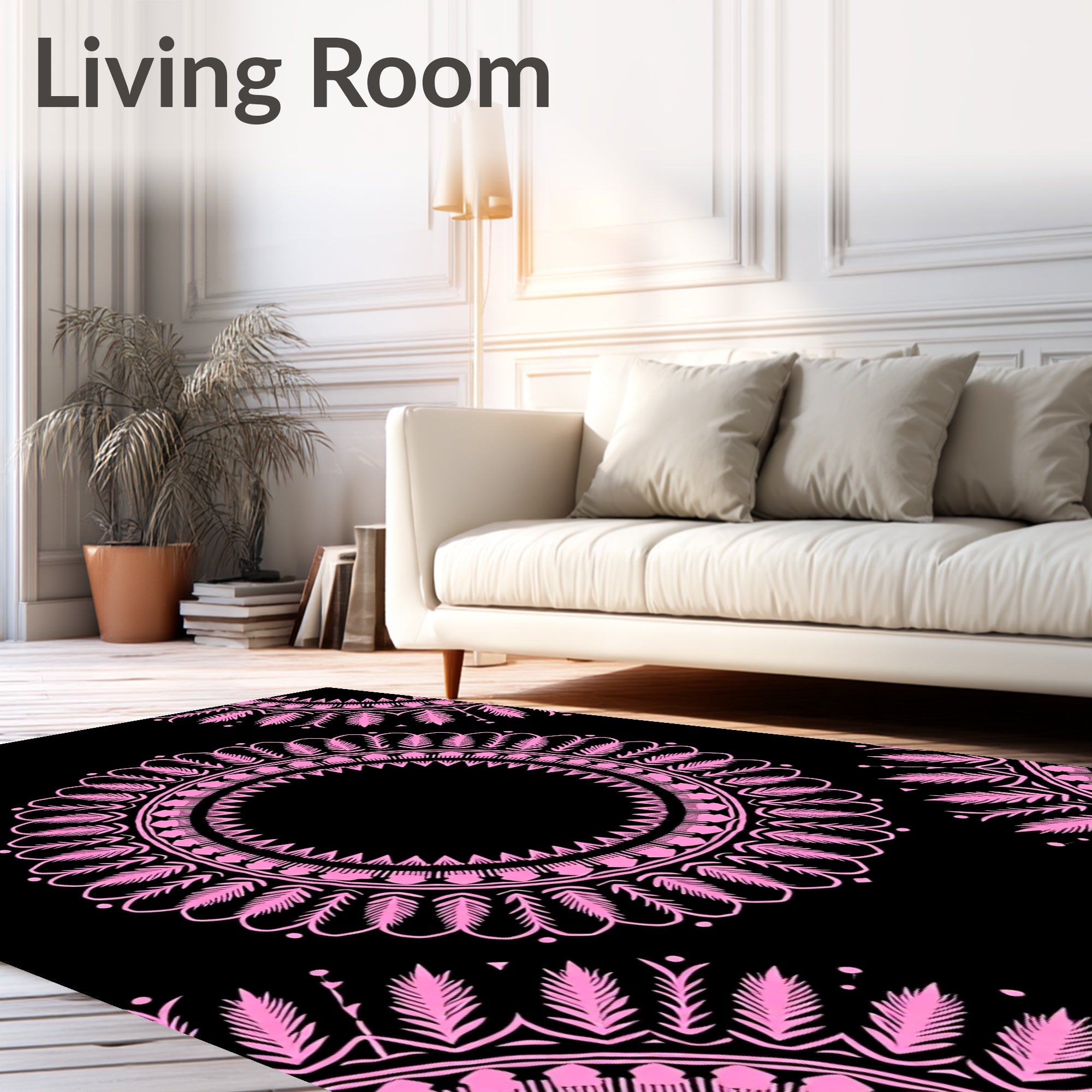 Pink Medallion Foliage Black Contemporary Rug