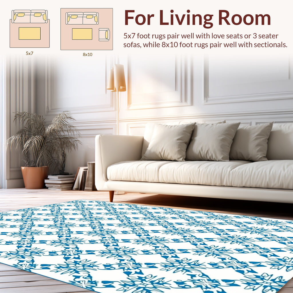 Classic Blue Floral Lattice Pattern Rug