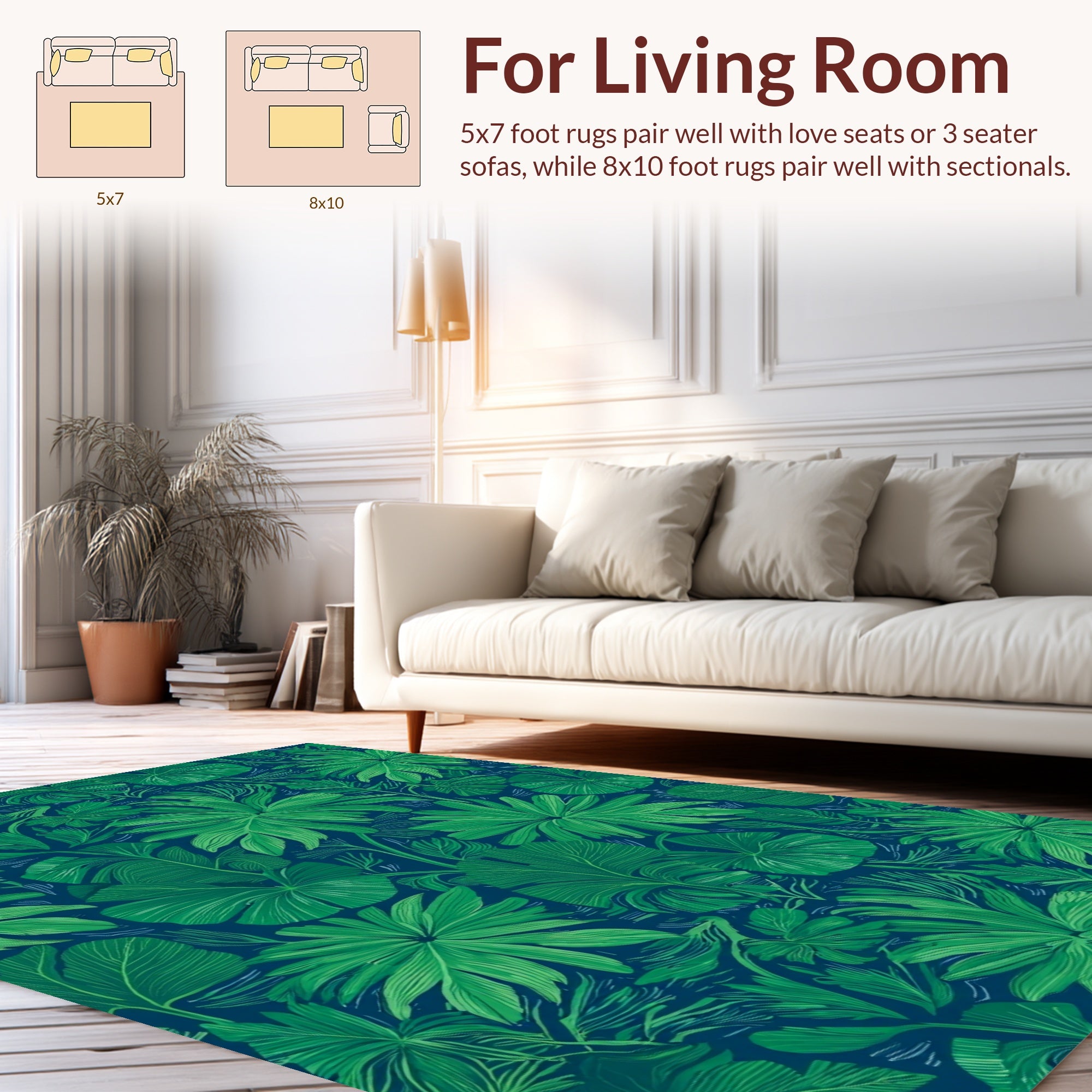 Lush Tropical Green Leaf Pattern Rug