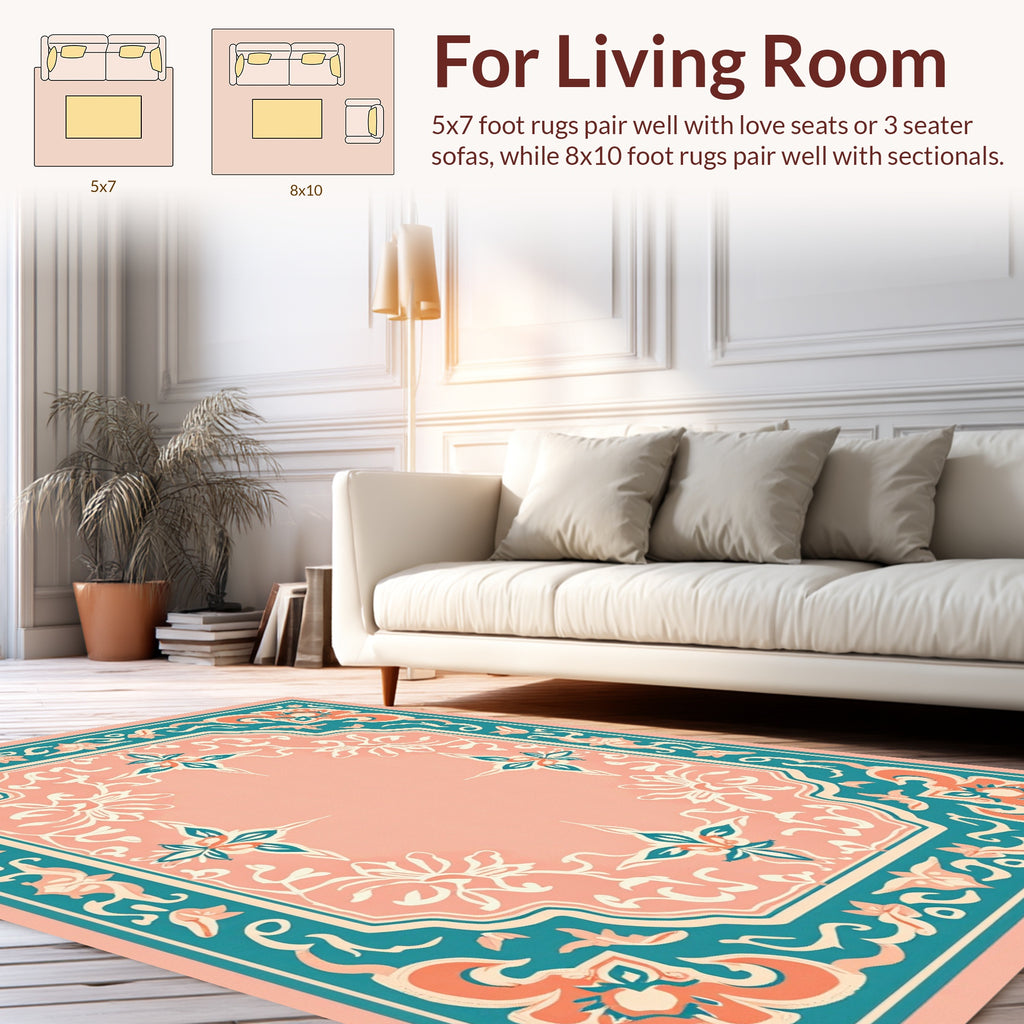 Coral Teal Floral Swirls Medallion Rug