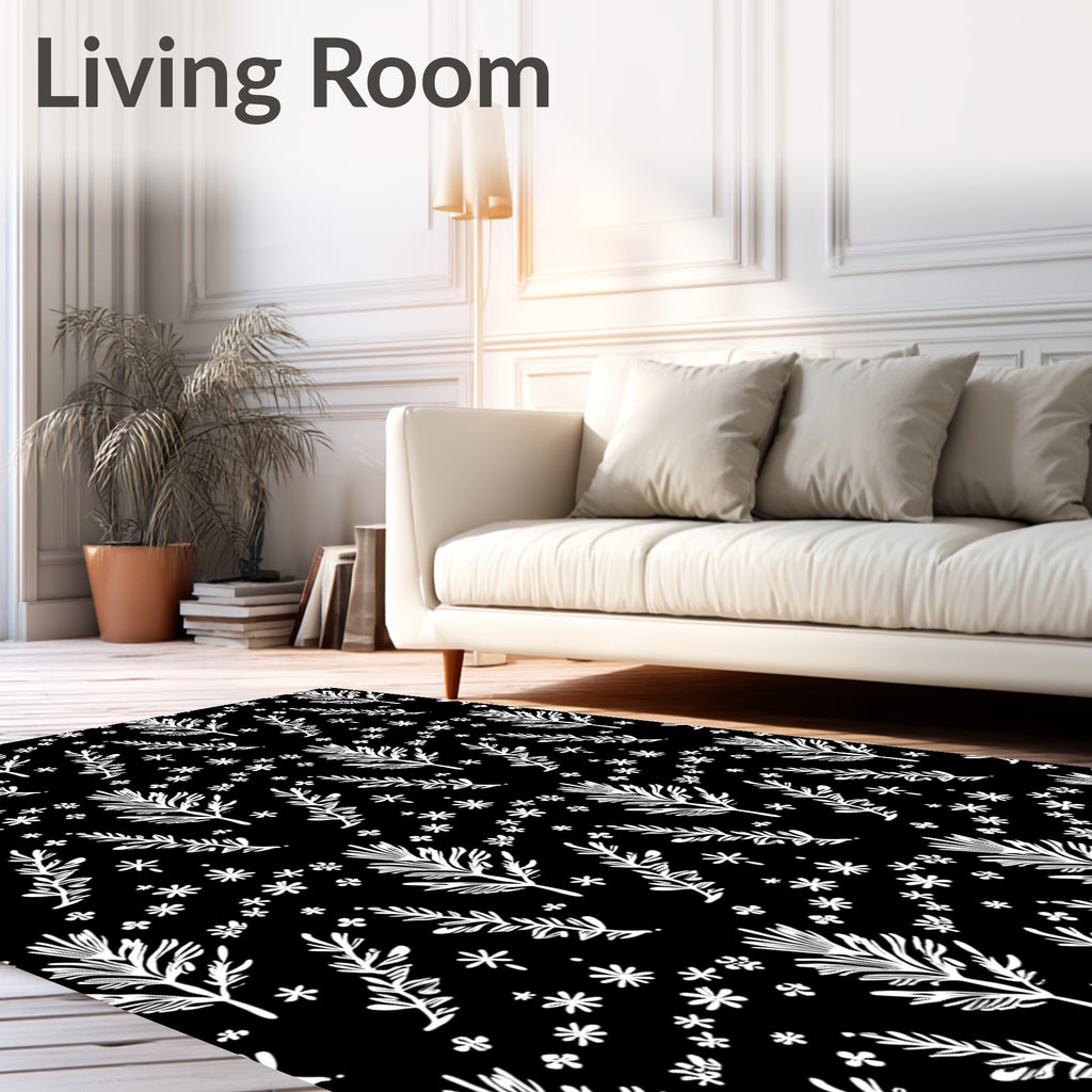 White Botanical Sprigs Black Field Rug