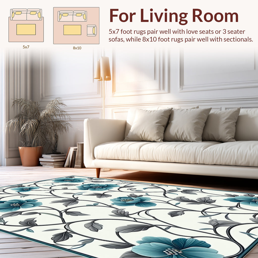 Elegant Teal Floral Vine Pattern Rug