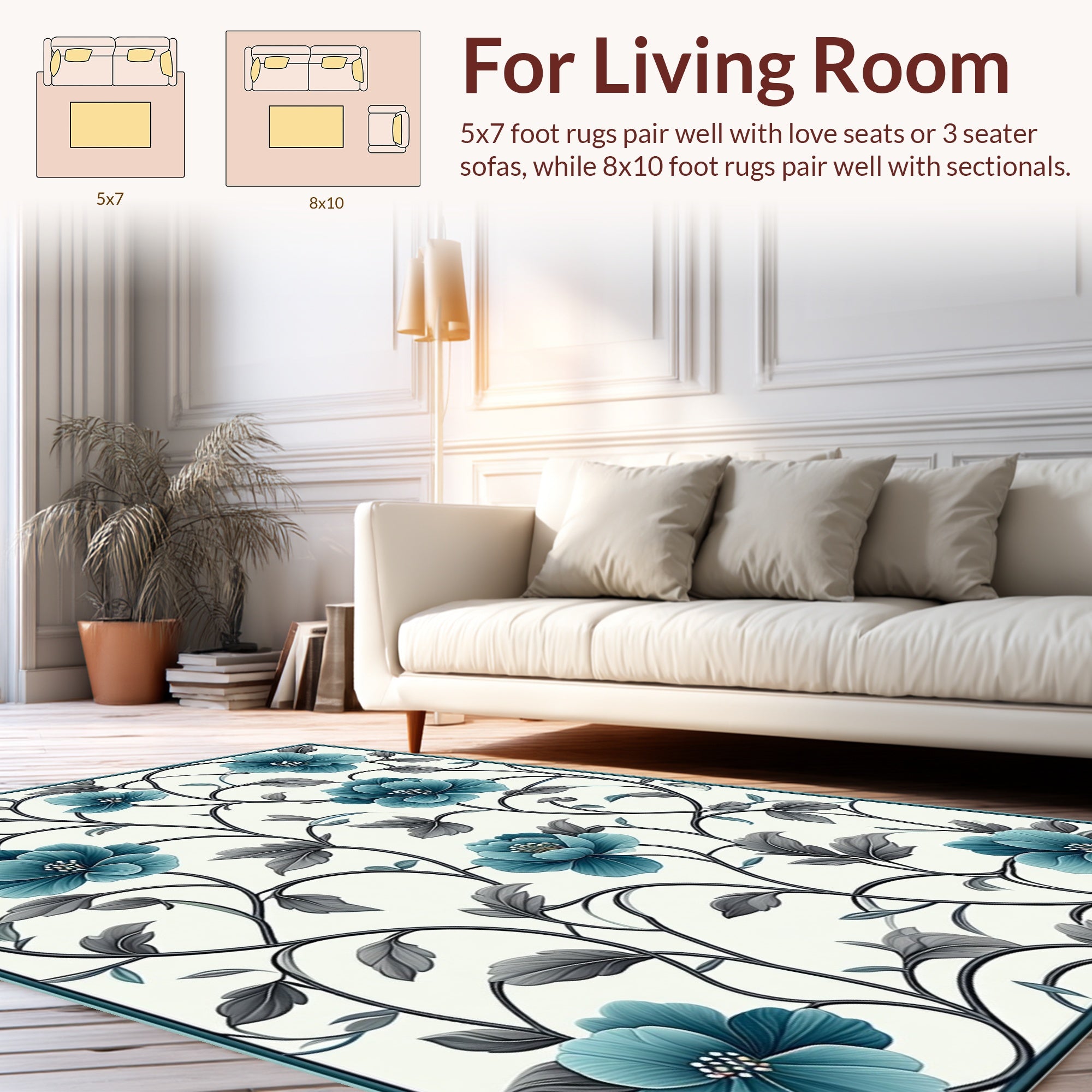 Elegant Teal Floral Vine Pattern Rug