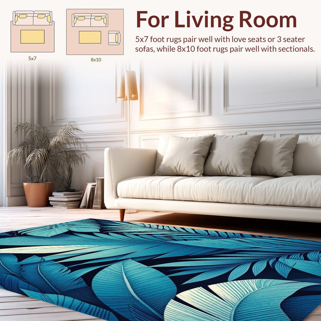 Blue Tropical Leaf Pattern Rug
