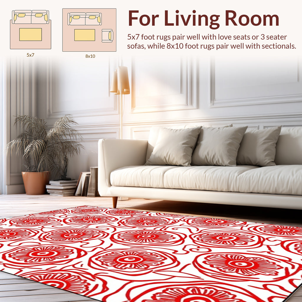 Bold Red Floral Scroll Pattern Rug