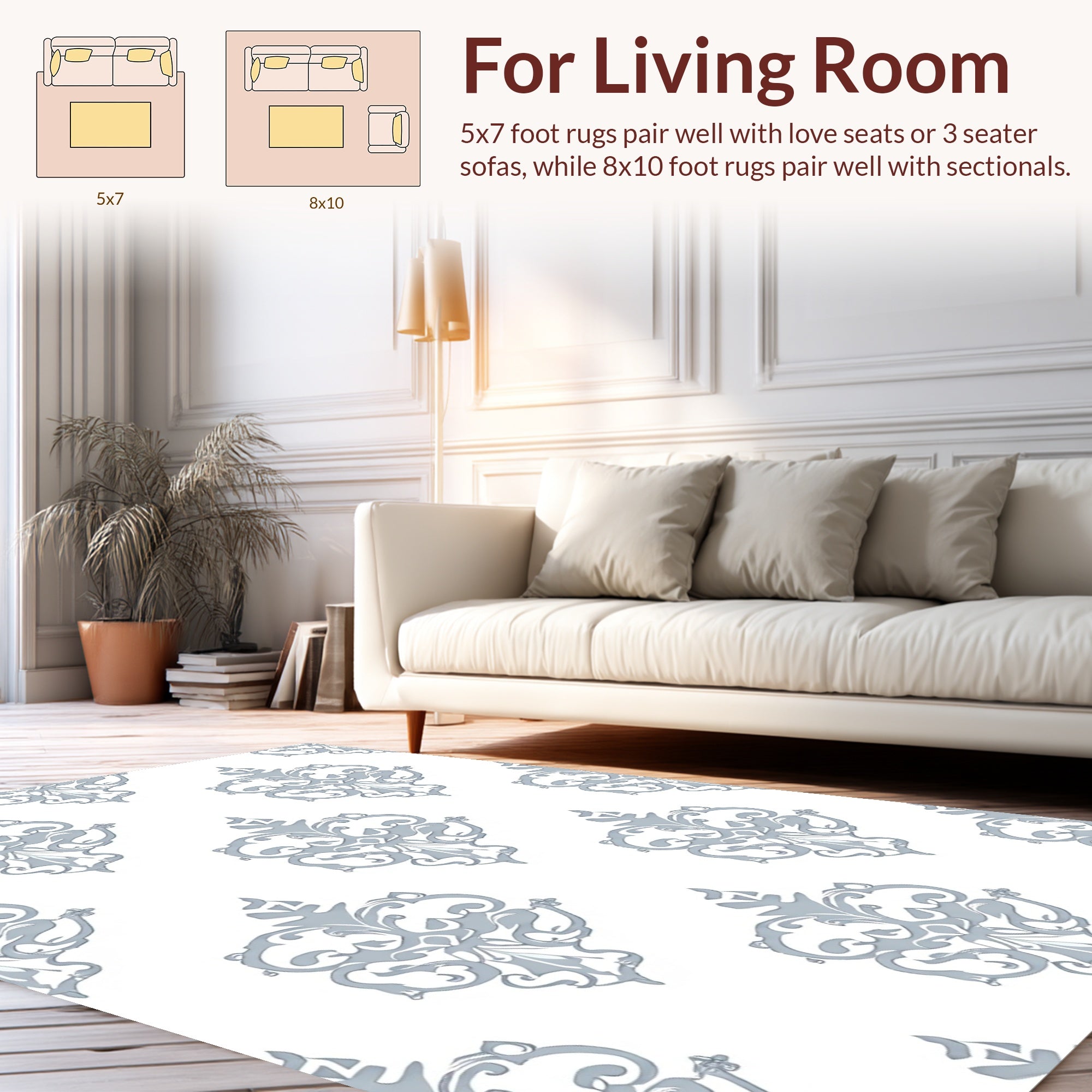 Classic Scroll Damask White Gray Rug