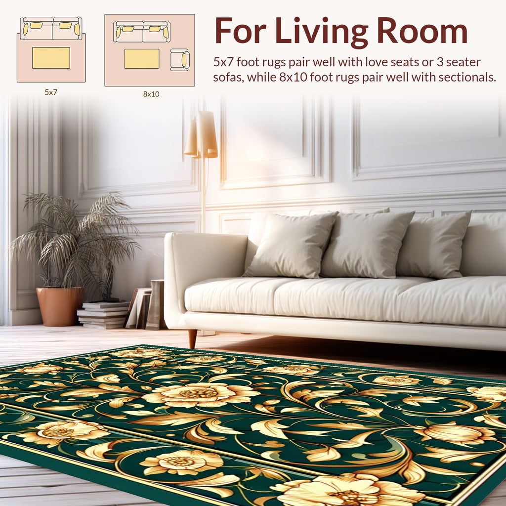 Gold Floral Swirls Green Art Nouveau Rug