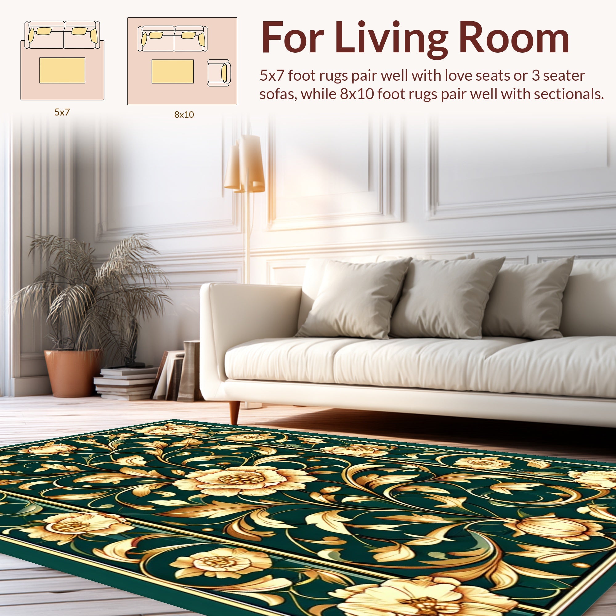 Gold Floral Swirls Green Art Nouveau Rug