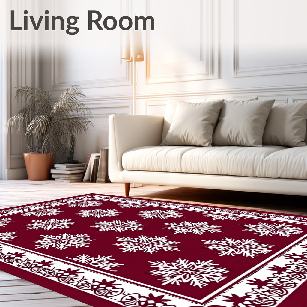 Crimson Snowflake Geometric Border Rug