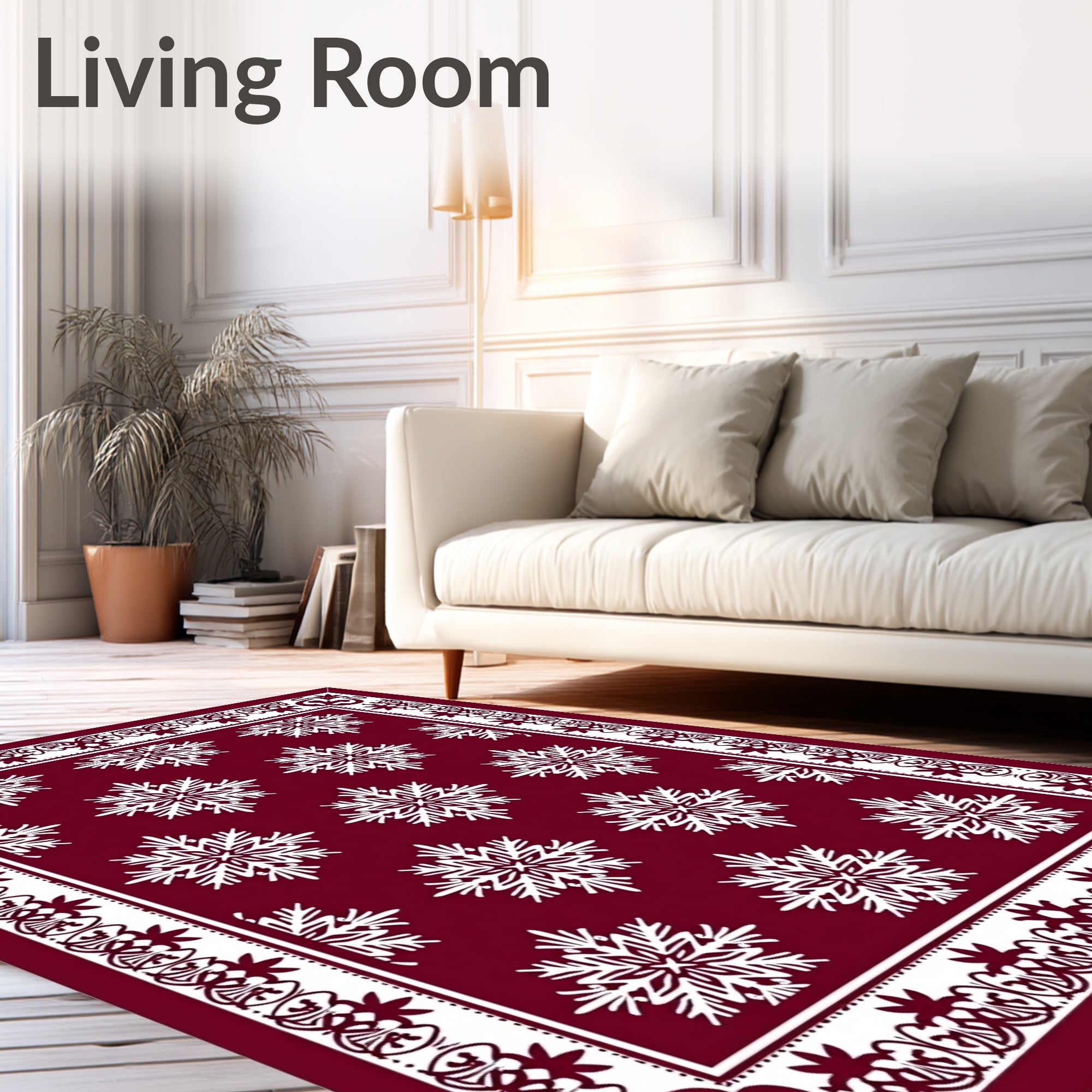 Crimson Snowflake Geometric Border Rug