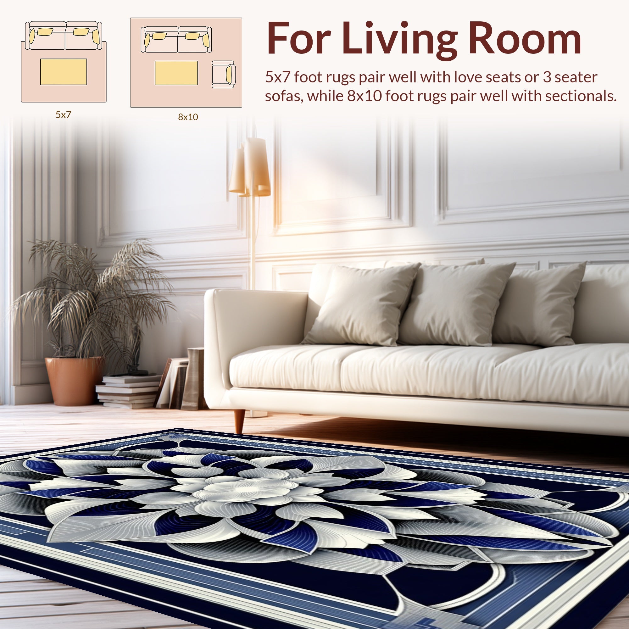 Art Deco Navy Blue Lotus Design Rug