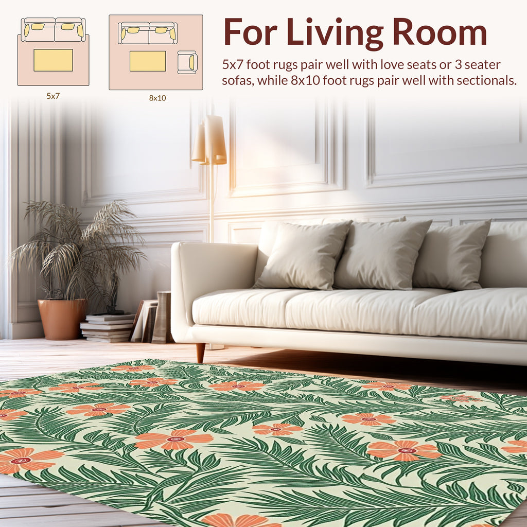 Tropical Floral Leaves Cream Rug