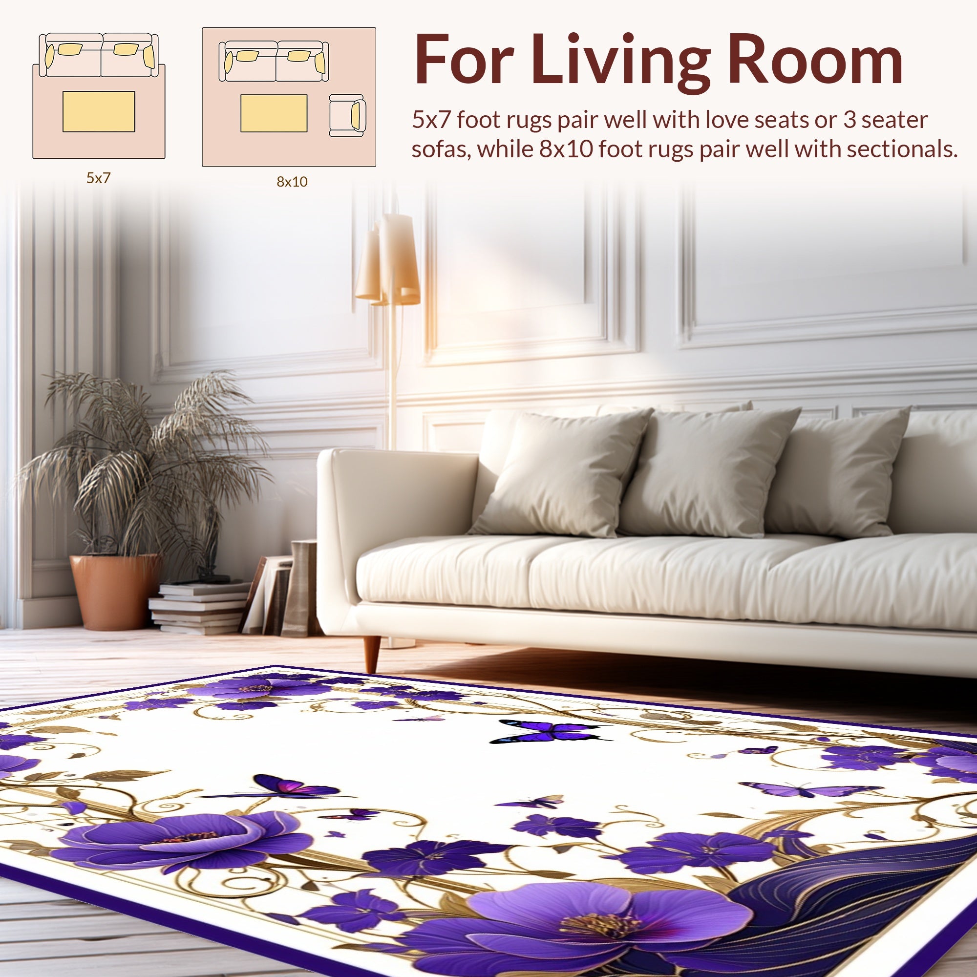 Purple Floral Butterfly Medallion Pattern Rug