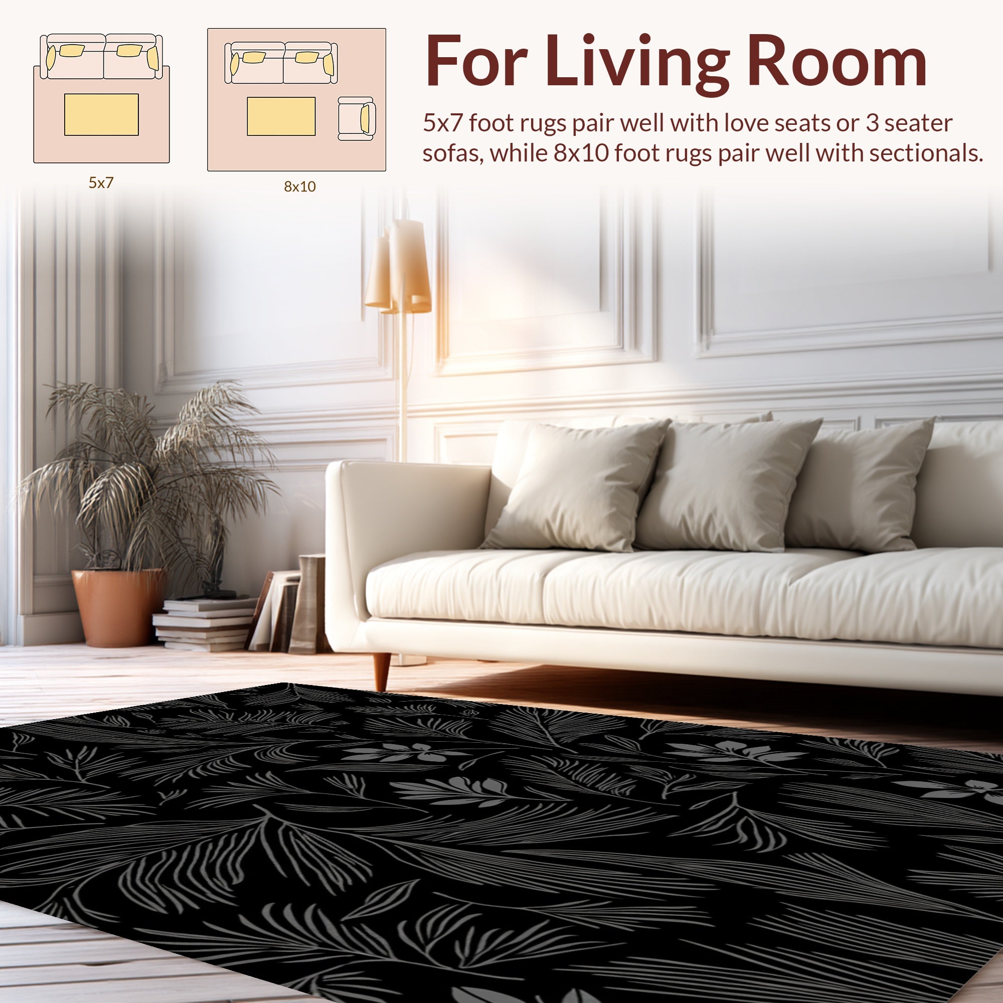 Dark Gray Leafy Pattern Rug