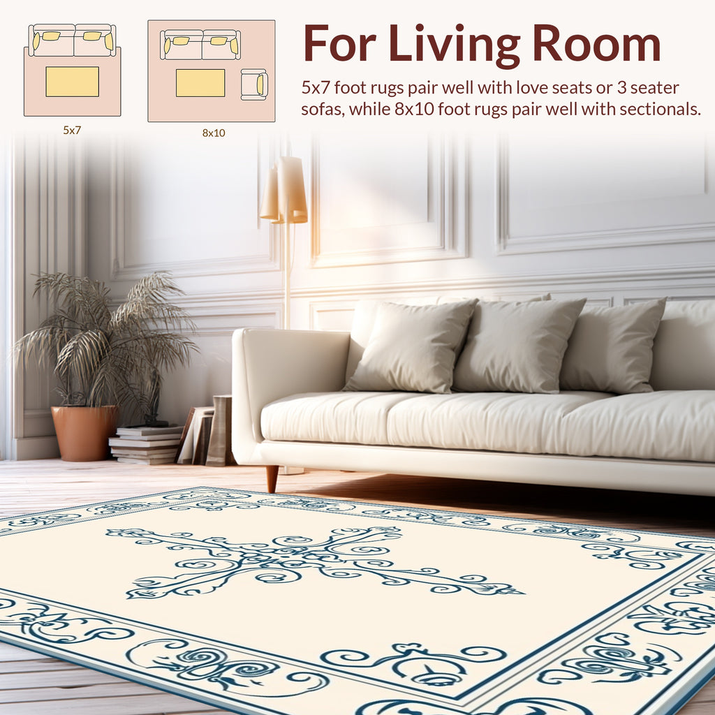 Elegant Dark Blue Scrollwork Pattern Rug