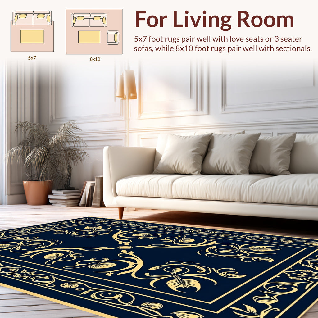 Regal Blue Gold Floral Scroll Rug