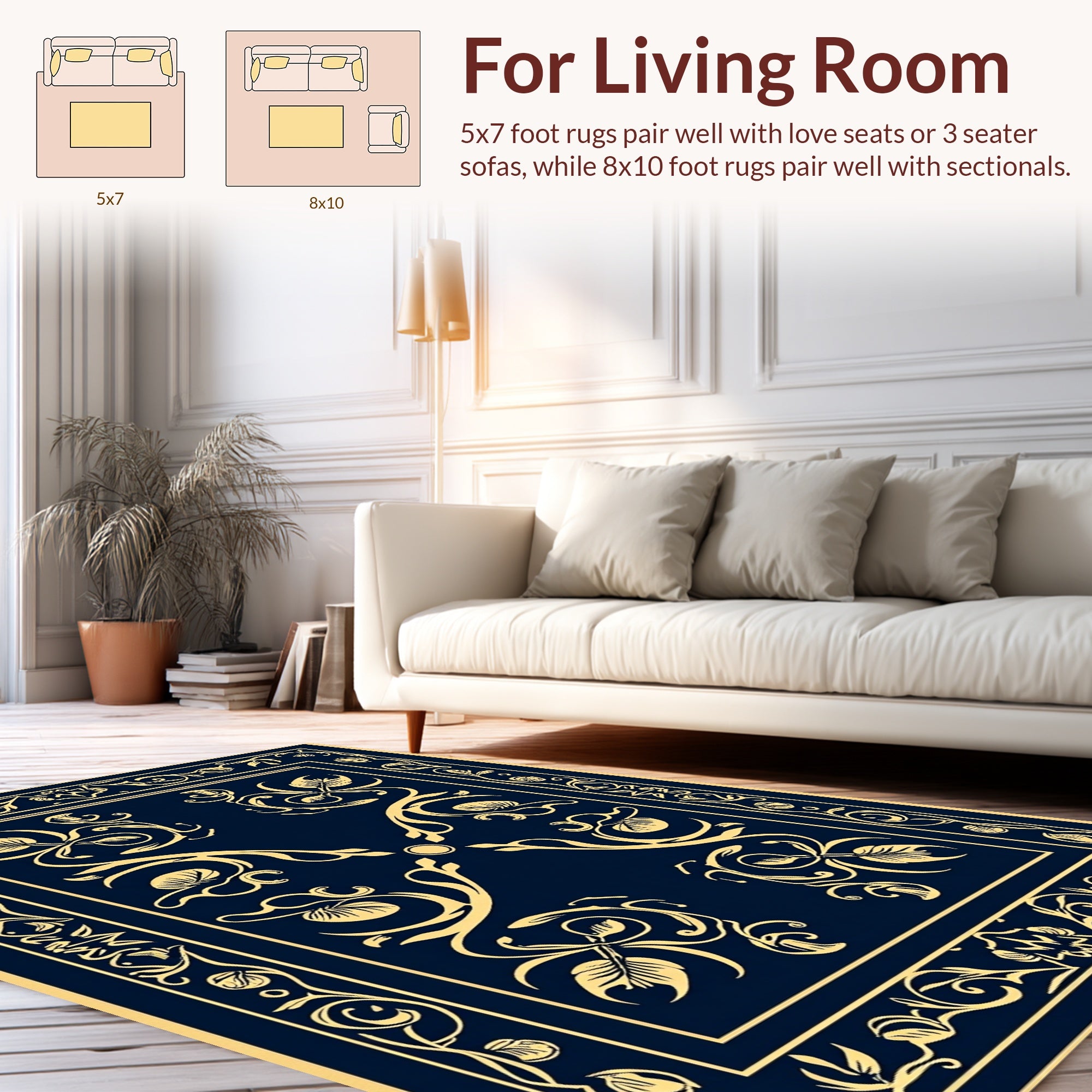 Regal Blue Gold Floral Scroll Rug