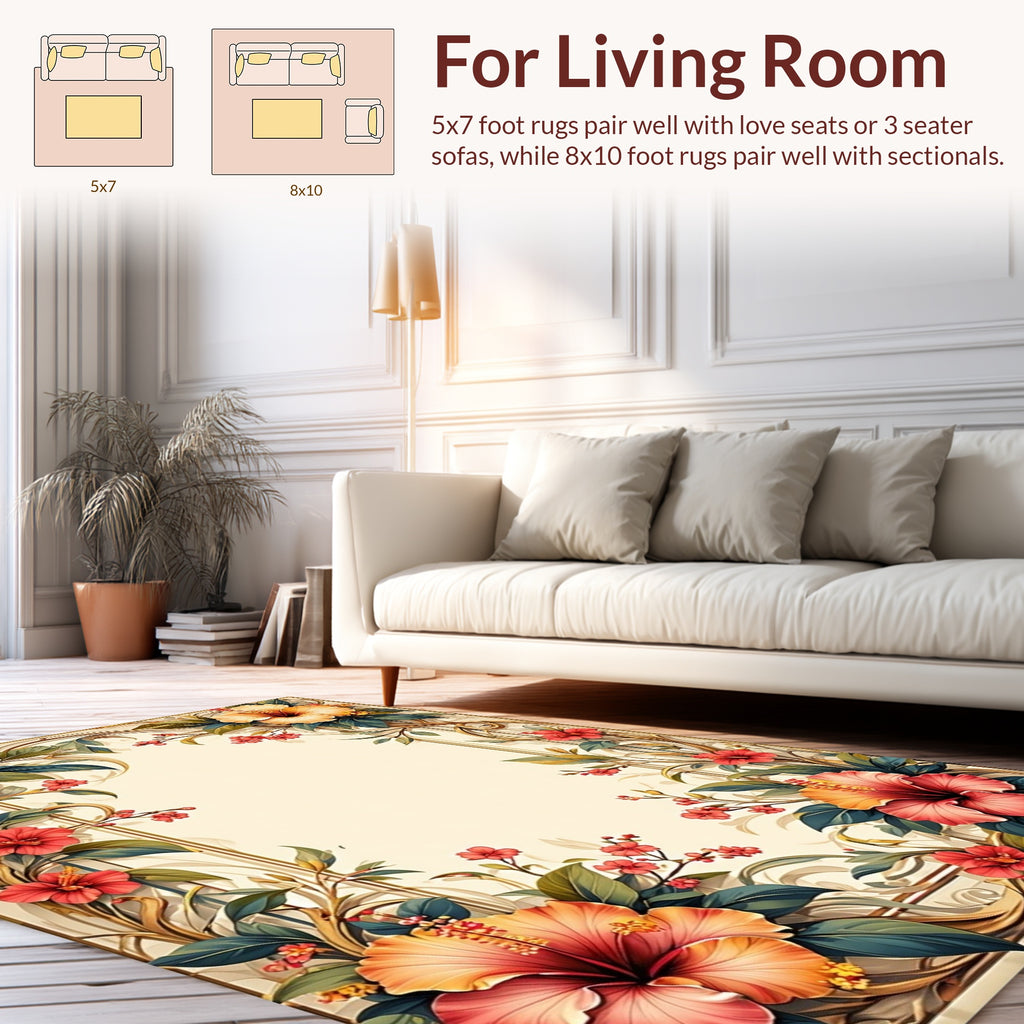 Tropical Floral Vines and Gold Trim Rug