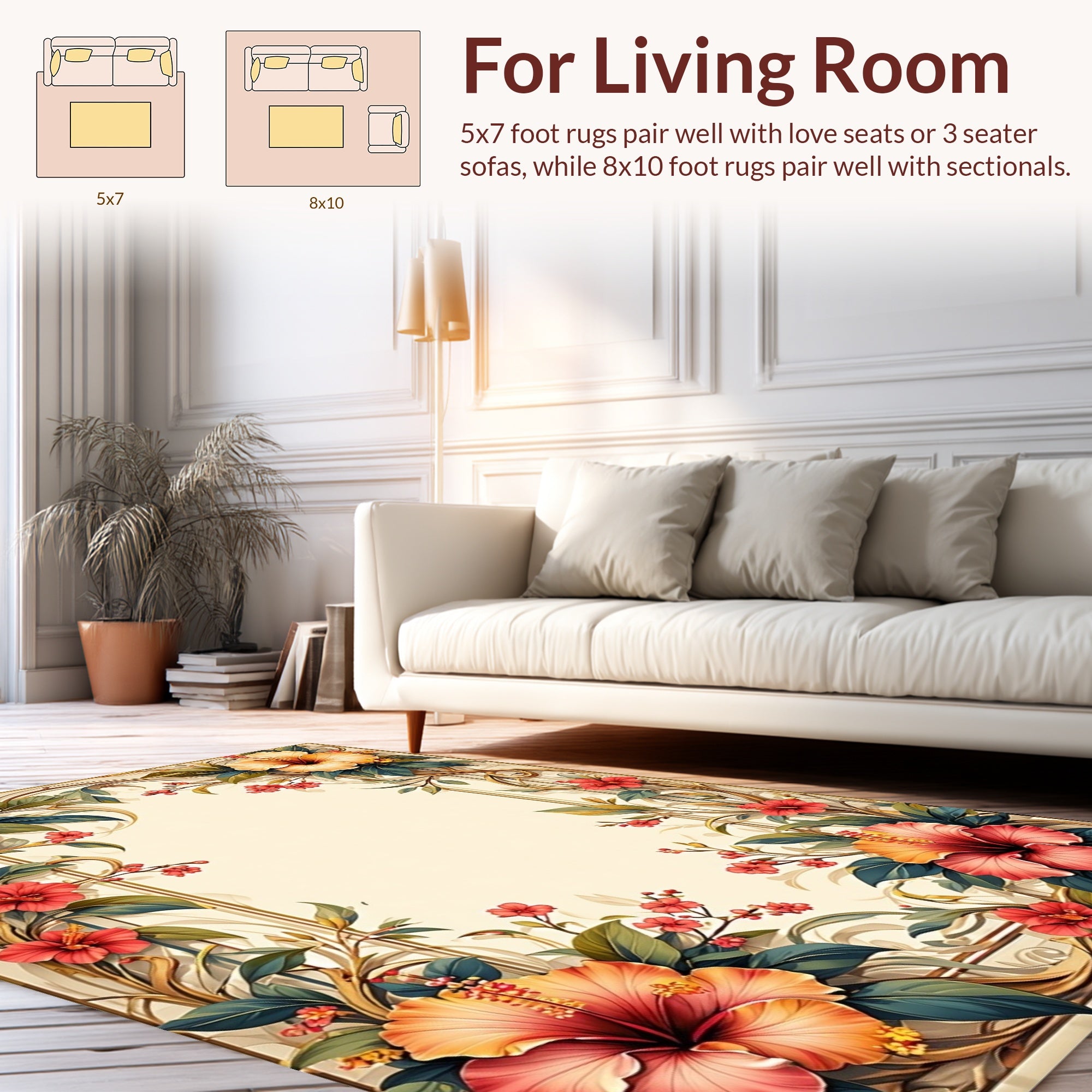 Tropical Floral Vines and Gold Trim Rug