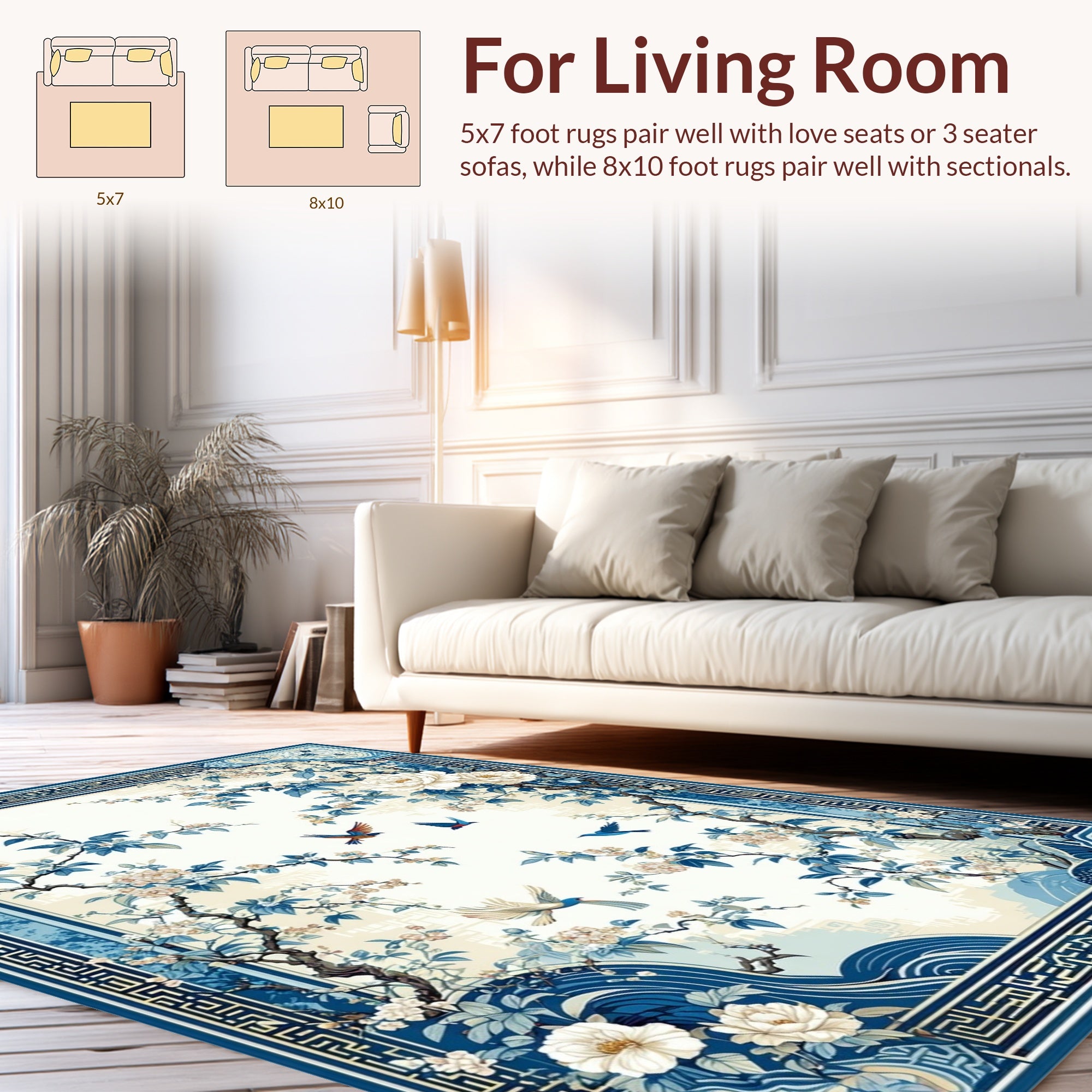 Blue Floral Birds With Waves Design Rug