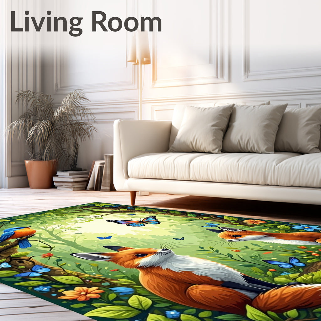 Whimsical Woodland Scene Foxes Butterflies Rug