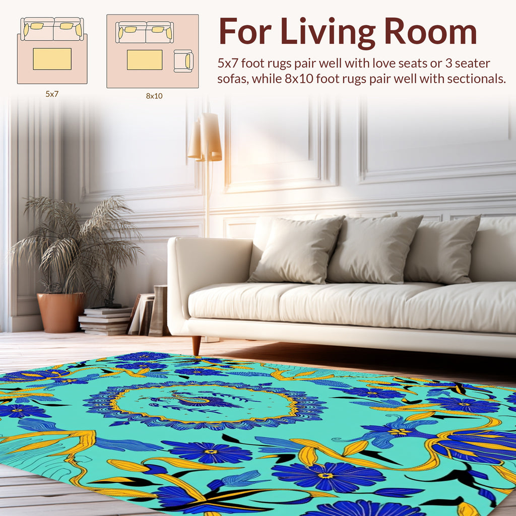 Bold Blue Yellow Floral Mandala Design Rug