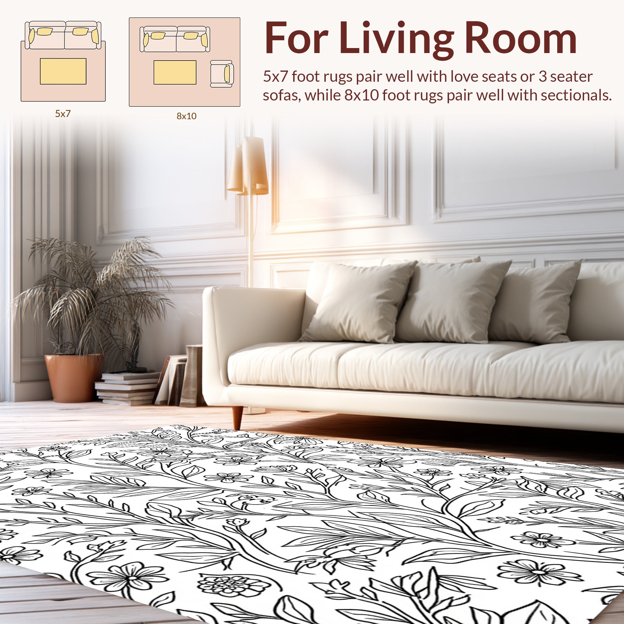 Delicate Floral Vine Outline Design Rug