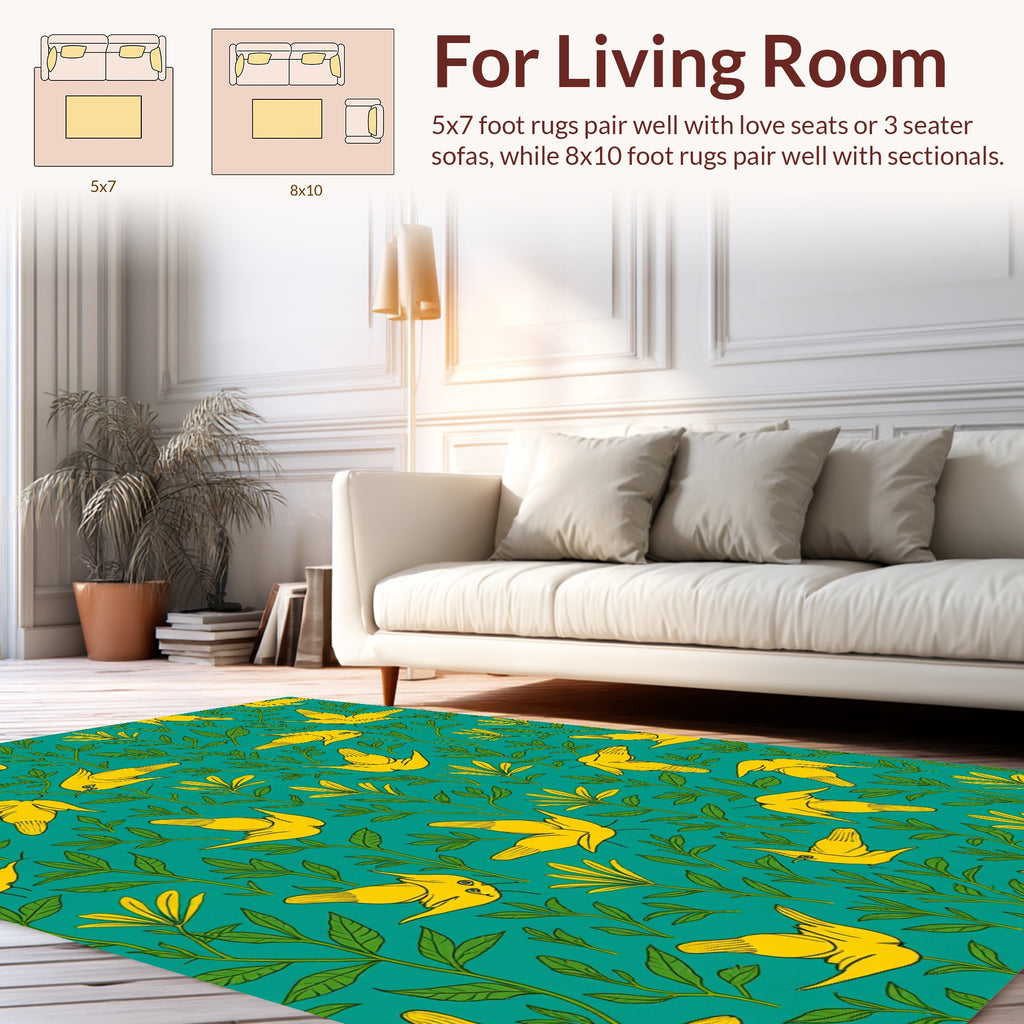 Yellow Birds And Green Leaves Pattern Rug