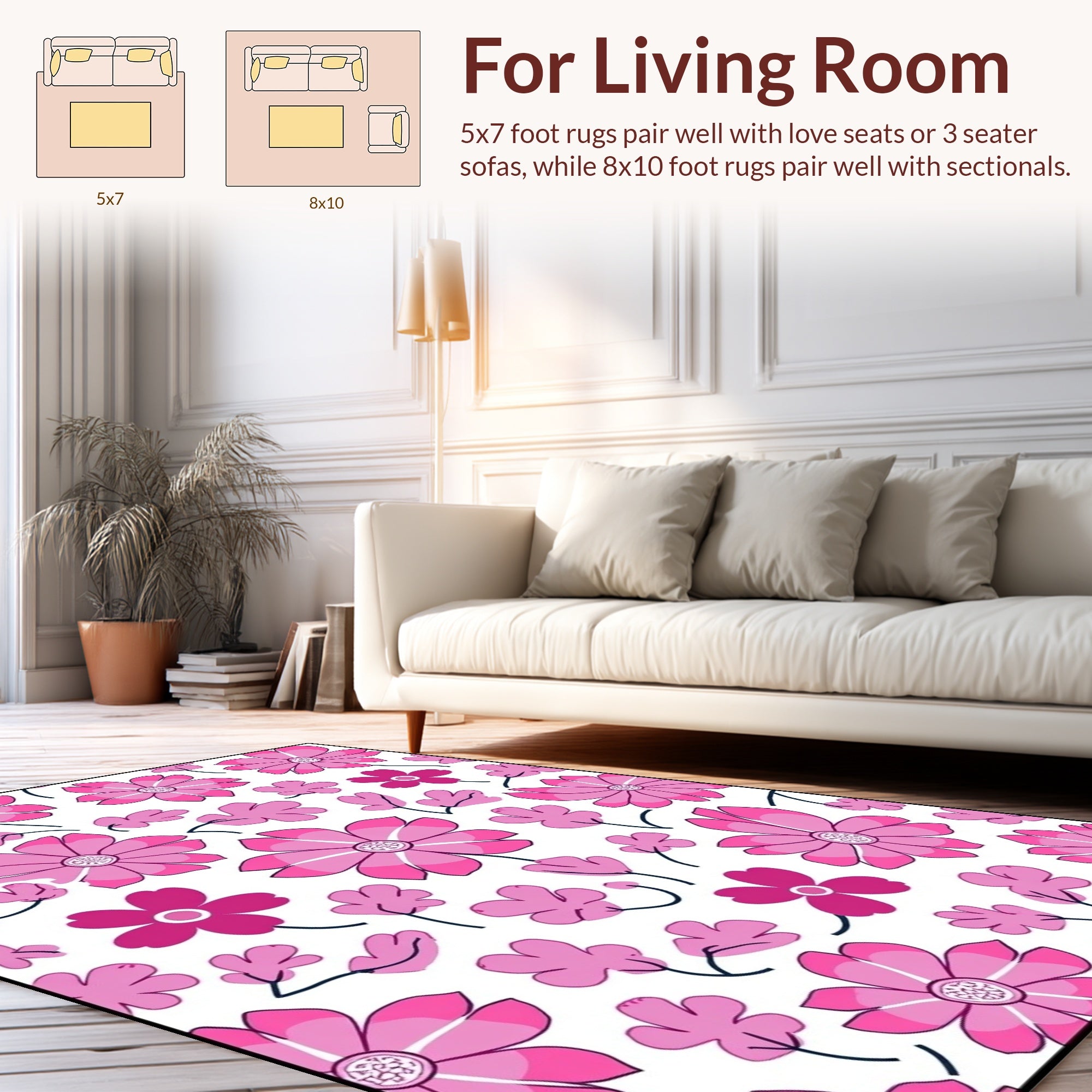 Pink Floral Pattern With Stemmed Flowers Rug
