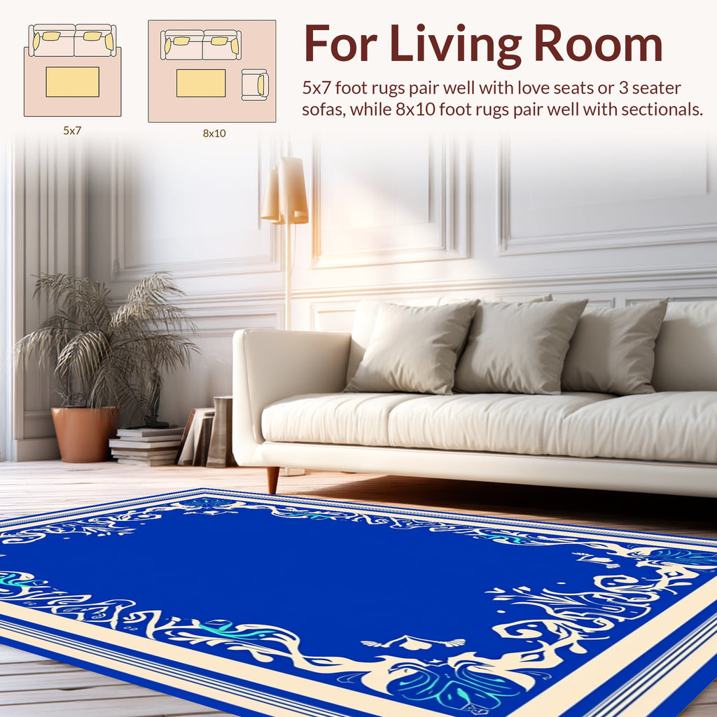 Elegant Blue Floral Scrollwork Pattern Rug