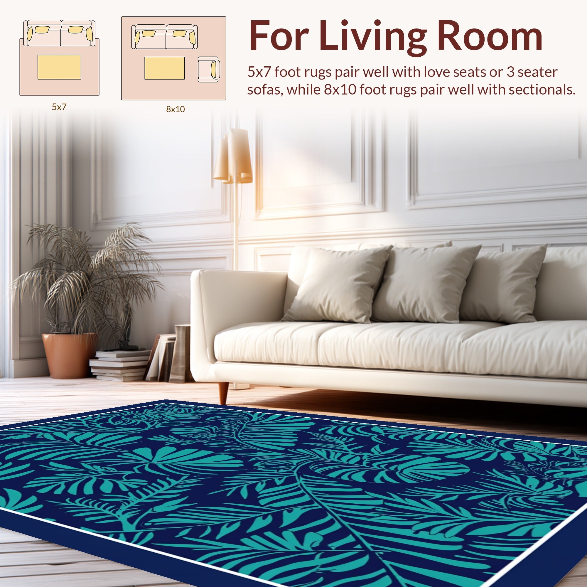 Tropical Leaf Pattern Navy Teal Rug